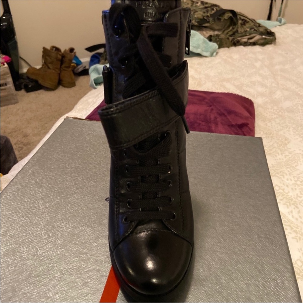 Prada Black Leather High-Heel Lace-Up Ankle Boot with Strap - Picture 4 of 7
